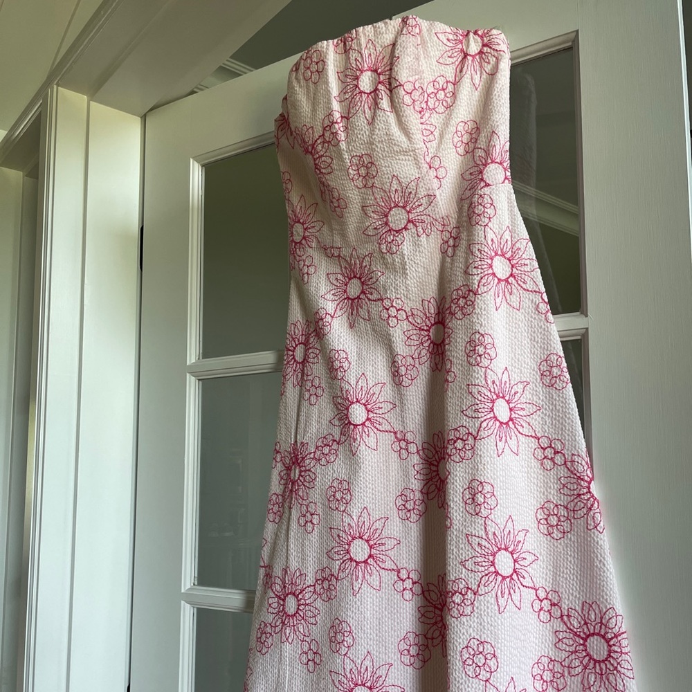 Molly Pink Seersucker Embroidered Strapless Dress